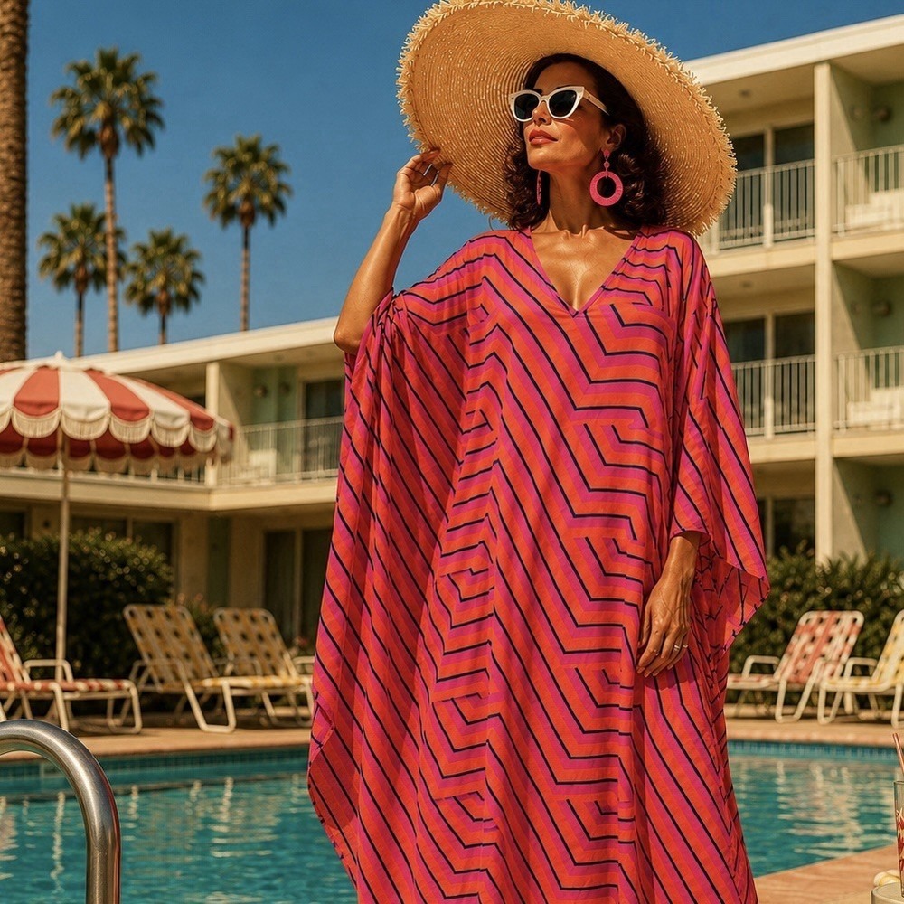 Kaftko Psychedelic Kaftan Caftan Vivid Pink Orange Swim Cover Up Tiki Beach